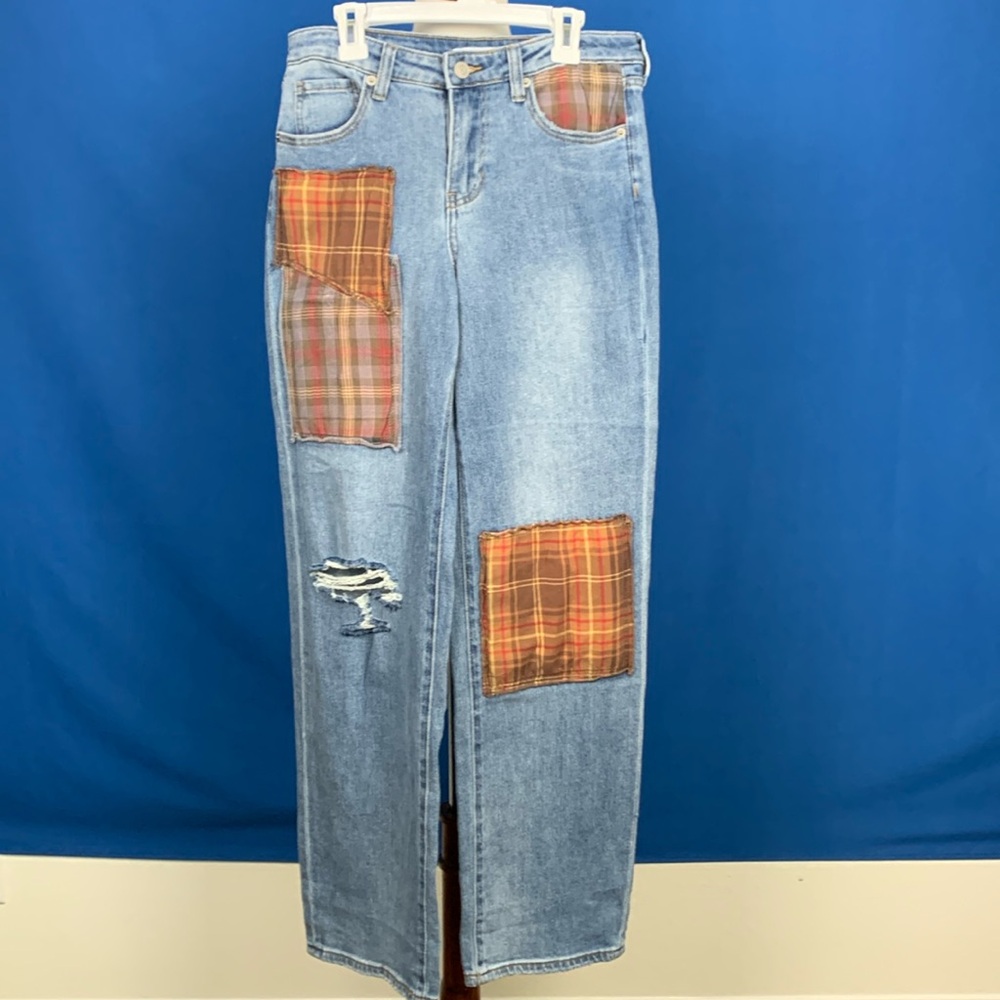 BP jeans w fall colored plaid patches